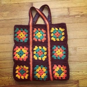 Vintage boho hippie crochet knit flower tote